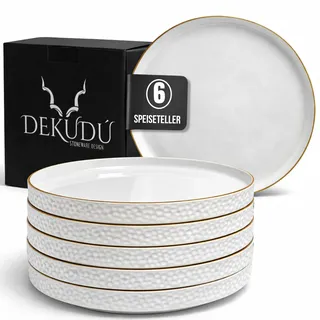 DEKUDÙ Speiseteller Essteller Steingut Teller set - Handgefertigt - Hochwertiges Steinzeug- 6 Stück - Ø 25,5 cm - Steingut Geschirr Set - Spülmaschinen Mikrowellen Kratzfest -Modern - Farbe Weiß