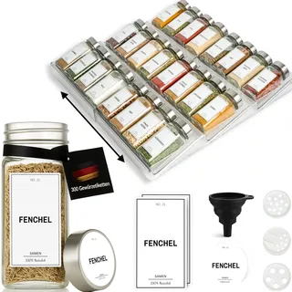 Greeano® Gewürzgläser mit Regal [24 x 120ml] inkl. 300 Gewürzetiketten [DE] - Gewürzregal mit Gläsern - Gewürz Organizer Schublade - Gewürzregal Schublade mit Gläsern Gewurzregalsystem Silber