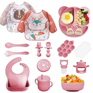 Bizcasa 14er Baby Geschirrset, Silikon Baby Weaning Besteck Set, Rutschfest, Teller, Schüssel, Lätzchen, Löffel, Gabel, Fruchtsauger, Babybrei Einfrieren Behälter, Beißring Baby, BPA Frei (Dunkelrosa)
