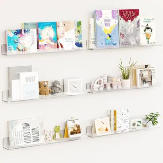 BAKAJI Set mit 6 Wandregalen aus Acryl, modernes Design, Mehrzweck-Wandregal, Organizer für Schlafzimmer, Wohnzimmer, Küche, Badezimmer, Bücherregal, platzsparend, 38 x 5 x 4,8 cm (transparent)