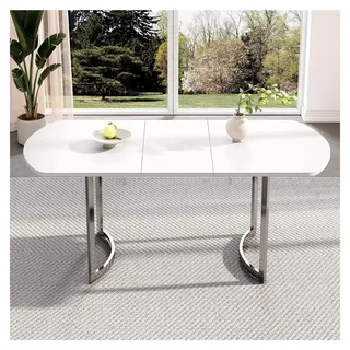 Ausziehbarer Esstisch 140/180 x 80 cm, ausziehbare Länge 180 cm, hochfeste Legierungshalterung, geeignet für 4–6 Personen, weiße und versilberte Tischbeine - Weiß, Silber
