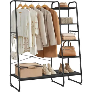 VASAGLE Kleiderständer, Garderobenständer, 45 x 120 x 160 cm Garderobe, Kleiderstange, Schuhablage, offener Kleiderschrank, 6 Haken abnehmbar, Schlafzimmer Flur, ebenholzschwarz-Mattschwarz RGR116B02