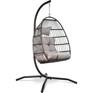 VITA5 Hängesessel mit Gestell - Bequemer Hängekorb Sessel - Rattan Hängesessel Outdoor und Indoor - Boho Egg Schaukel für Terrasse&Leseecke - 150 kg Tragkraft (Grau)