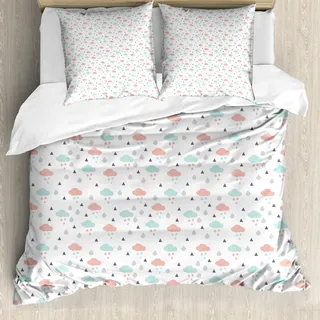 ABAKUHAUS Pastell Bettbezug Set, Skandinavische Design-Wolken mit Regentropfen und Dreiecken Wetter im Winter, 200 x 200 cm + 80 x 80 cm, Baby Blue Blush Grau