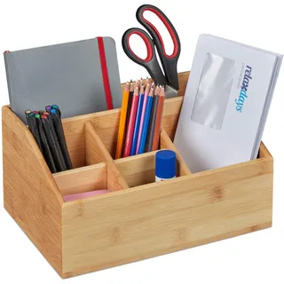Relaxdays Schreibtisch Organizer, Bambus, 6 Fächer, Stiftehalter Büro und zuhause, Tischorganizer HBT 14x28x20 cm, Natur