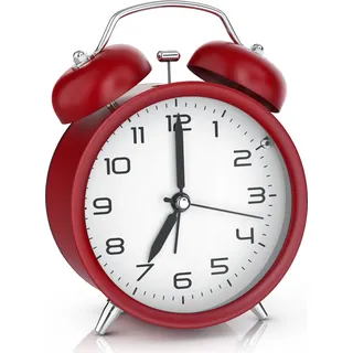 BEARWARE Wecker Analog, rund, mit Licht, Retro, lauter Glockenalarm für Tiefschläfer Einfache Bedienung, weiße Tafel, Beleuchtet, ohne Ticken, Vintage - Rot