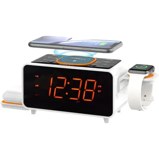 iTOMA Dual Wireless Charging Radiowecker mit Bluetooth Lautsprecher, FM Radio, Zwei USB Port, Dual Alarm, Snooze, Nachtlicht, Auto manuelle Dimmer Steuerung und 1.4" Orange Display CKS209