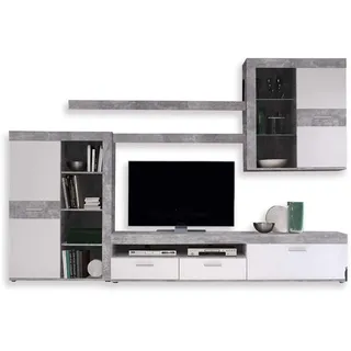 Forte Zumba Wohnwand mit 2 Türen, 1 Glastür, 2 Schubladen und 1 Klappe, Holzwerkstoff, Betonoptik / Weiß, 300 x 41 x 200.90 cm