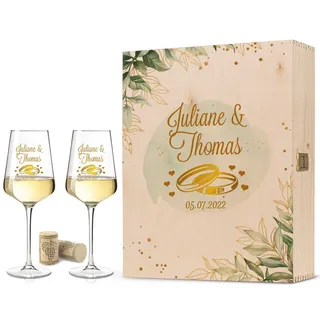 GRAVURZEILE Leonardo Weinglas mit UV-Druck - Golden Wedding Ring Design - Personalisiert mit Namen & Datum - Geschenk zur Hochzeit, Verlobung & Jahrestag für Brautpaar - Große Kiste UV