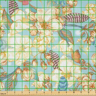 ABAKUHAUS Shabby Flora Satin Stoff als Meterware, Weinlese-Garten-Frühlings-Saison-nahtloses Bild blüht Blatt-Bild, 3 M (148 x 300 cm), Baby Blue Weiß Lila - Weiß