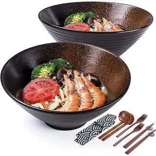 Porzellan-Ramen-Bowl-Set mit Löffeln und Reisstäbchen, 2 große Sets für Japanische Nudeln, Udon, Pho, Pasta, Suppe und Salat, Handgefertigt - 10 Stück 1500ml Set von 2 - Sonnenuntergang