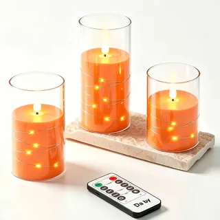 Da by 3 Stück Orange LED Kerzen mit Feenlichtkette, Realistische Flackerflamme, Fernbedienung, Hitzebeständige Glas-Kerzen für Innen- & Außendekoration