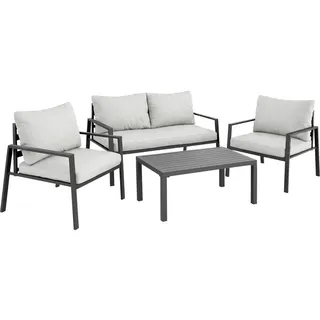 tectake Sitzgruppe aus Aluminium Göteborg, Tisch mit Lamellenmuster, hellgrau , Hellgrau , Kunststoff , Gartenmöbel, Gartengarnituren, Gartenmöbel-Sets