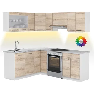 Vicco Eckküche Rick, 207 cm , AP Marmor mit LED-Leisten, Weiß/Sonoma