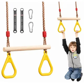 Morwealth Multifunktions Kinderholz Trapeze Schaukel mit Kunststoffringen Turnringe Ringe zum Aufhängen belastbar bis 120KG für Innen und Außenbereich (Gelb)