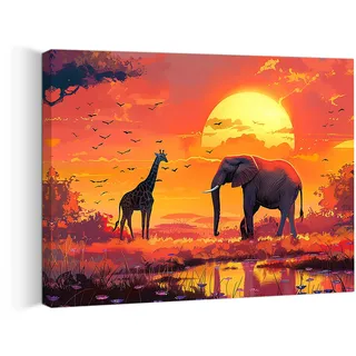 PIY PAINTING Landschaft Leinwandbild, Elefant und Giraffe Bilder Kunstdrucke auf Leinwand, Modernes Kunstwerk Tier Wanddekoration für Badezimmer Bar Büro Esszimmer Küche 40x30cm Eingebauter Holzrahmen
