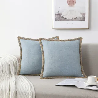 NordECO HOME 2er Set Kissenbezug 50x50 cm Blau Deko Kissen Leinen mit Verstecktem Reißverschluss Kissenhülle Dekorative Sofakissen für Sofa Schlafzimmer