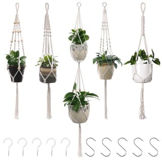 Makramee Blumenampel 5er Set, Boho Deko Baumwollseil Hängeampel Beige Blumentopf für Pflanzen Halter Aufhänger für Innen, Außen, Garten, Balkon, Terasse, Fenster