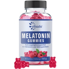 Vihado Melatonin Gummies - so lecker und soft, hochdosiert, ohne Zuckerzusatz, vegan - besser da mit Vitamin D3, K2, Passionsblume und Kamille, 60 Gummis