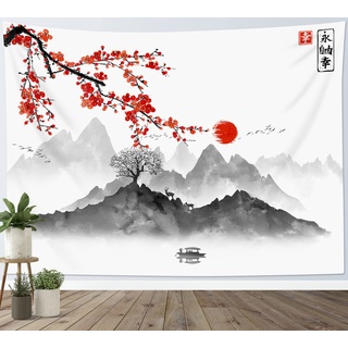 LB Wandteppich japanisch Wandtuch Rote Kirschblüte und Sonne Wandbehang Grauer Schwarzer Berg Tapisserie für Wohnzimmer Schlafzimmer Wohnheim Wanddeko,150x100 cm