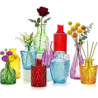 Coloch Set mit 10 farbigen Knospenvasen, Verschiedene kleine Glasvasen, Vintage-Geschnitzte Blumenvase, einzelne Knospenvase in Großpackung für Tafelaufsätze, Partys, Hochzeitsdekoration, Büro,