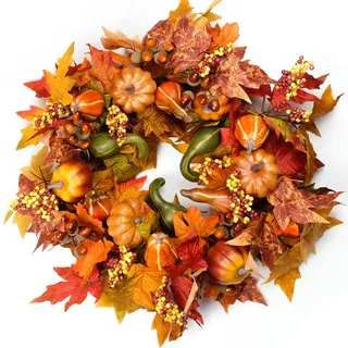 Herbstkränze für Haustür, 55 cm, Herbsttürkranz mit Kürbis, Ahornblättern, Herbst, Erntedankfest, Erntefest, Dekorationen für drinnen und draußen