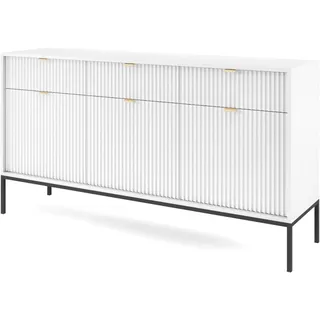 Easy4You Kommode N1 Weiss Matt 154x83x40 cm (B x H x T) mit 3 Schubladen und 3 Türen Sideboard Ideal für Wohnzimmer, Schlafzimmer Moderne Elegante Schubladenschrank mit Schwarzer Metallfuß - Weiß