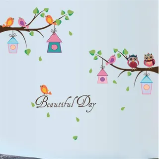 2 Packungen, Cartoon-DIY-Tiere, Eulenbaum, Wandtattoo, Vögel, Zweige, Vinyl, für Kinder, Heimdekoration, abnehmbar, selbstklebend