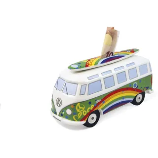 BRISA VW Collection - Volkswagen Spar-Büchse-Schwein-Dose mit Surfbrett im T1 Bulli Bus Samba Design (Love Bus/Grün)