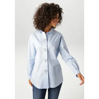 Hemdbluse ANISTON CASUAL, Damen, Gr. 36, hellblau, Web, Obermaterial: 100% Baumwolle, Glitzermuster, unifarben, lässig geschnitten Po-bedeckend, 1-Knopf-Manschette, Blusen Hemdbluse, mit Glitzerherzen verziert - NEUE KOLLEKTION