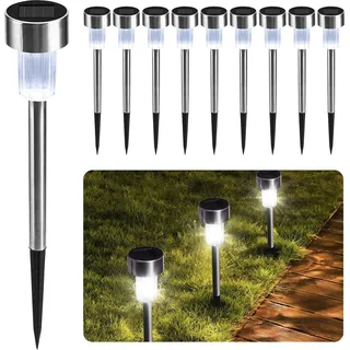 CUQOO Solar-Gartenstecker Lichter – 10 Stück LED-Leuchten – wasserdichte wiederaufladbare Edelstahl-Gartenleuchten für Wegbeleuchtung – Outdoor-Solarleuchten für Garten (weiß)