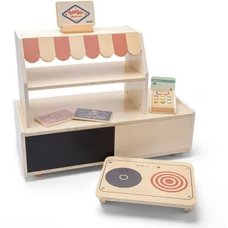 Woet® Holzspielzeug Kaufladen und Restaurant für Kinder - Mit Wendekochfeld, Tablett und Kartenleser - Rollenspiel Marktstand - Ab 3 Jahren