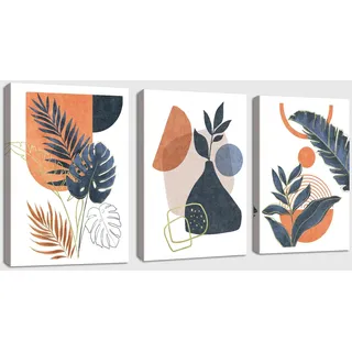3 Pcs Boho Bilder Orange Set mit Rahmen, Nordische Blau Orange Geometrisch Leinwand Bilder Minimalistisch Modern Pflanze Wandbilder Wohnzimmer Schlafzimmer Esszimmer Wand deko 120x60cm(40x60x3)
