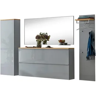 Garderobe , Grau , Holz, Glas, Holzwerkstoff , 5-teilig , Balkeneiche , furniert , 285x195x31 cm , Goldenes M, Made in Germany, DGM-Klimapakt , Garderobe, Garderoben-Sets & Garderoben-Serien, Garderoben-Sets