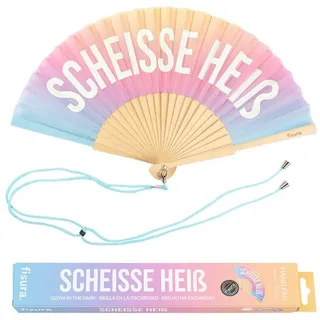 FISURA – Origineller Handfächer mit der Botschaft Sch*isse Heiß. Moderner und witziger Holzfächer. Farbverlauf. Fächer mit Fächerhalter. Leuchtet im Dunkeln. Maße: 42,5 x 23 cm.