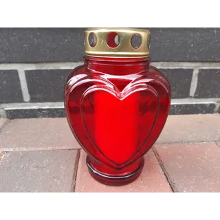 Grabkerze Trauerlicht Herz Form rot Gedenkkerze Grablampe Glas ca. 18cm hoch inkl. Zündhölzer