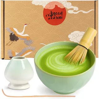 Goodwei BIO Matcha aus Japan im Matcha-Set komplett mit hochwertiger Matcha Schale aus Keramik, Matcha Besen, Besenhalter, Matcha & Cocos Matcha | Geschenkset für Teezeremonie (Hasunomi)