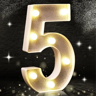 Silberfarbene Glitzer-Dekoration mit LED-Licht, Zahl 5, geeignet für Geburtstagsparty-Dekoration, Babyparty, Hochzeitshintergrund, Heimdekoration, 21,6 cm, silberfarbene Zahl 5 (warmweiß)
