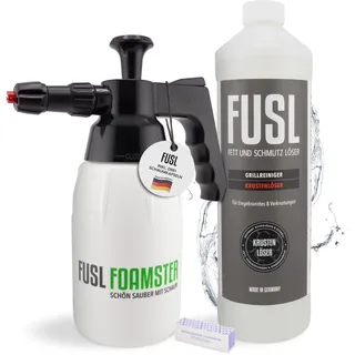 FUSL Komplett-Reinigungsset: FOAMSTER-Schaumkanone plus 1 Liter Krustenlöser – Hochaktiver Grillreiniger, Aktivschaum entfernt Fett & Eingebranntes, Bio-Abbaubar