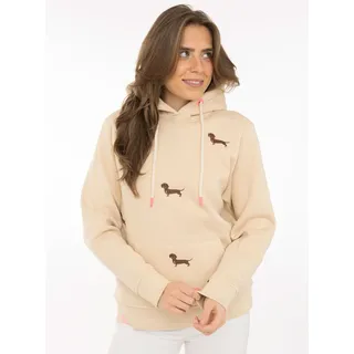 Hoodie ZWILLINGSHERZ "Dackel all over", Damen, Gr. L/XL, beige, Sweatware, Obermaterial: 50% Baumwolle, 50% Polyester, ohne Ausschnitt, angesetztes Bündchen, Sweatshirts Hoodie, gestickte Dackel auf Vorderteil, Kapuze, Tasche, Rippbündchen