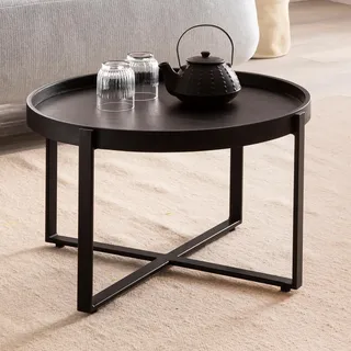 FineBuy Couchtisch Mango Massivholz rund Ø 60 cm Schwarz · Wohnzimmertisch mit Metallgestell · Handgefertigter Sofatisch im Industrial Japandi Design - Schwarz