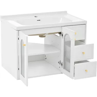 FurnitureR Hängewaschtisch 80 x 50 x 58 cm, Weiß, wandhängend Badschrank mit Keramikbecken, halbtransparenter Glasfront, ausziehbarem Stauraum, für Badezimmer Gäste-WC, Waschplatz, MDF Keramik