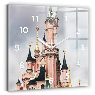 Wallfluent Wanduhr – Stilles Quarzuhrwerk - Uhr Dekoration Wohnzimmer Schlafzimmer Küche - Zifferblatt - weiße Zeiger - 30x30 cm - Schloss Disneyland in Paris - Rosa
