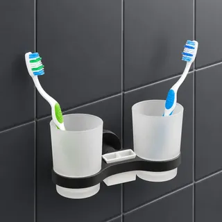 IPEA Zahnputzbecher Selbstklebender zur Wandmontage mit Doppelbecher - Kein Bohren erforderlich - Modernes Design - Zahnbürstenhalter für Zahnbürsten und Zahnpasta für Bad, Dusche – Schwarze-Halterung