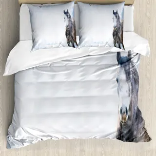 ABAKUHAUS Land Bettbezug Set, Grey Horse Auf Winter Landschaft Mit Schneefällen In Königlichem Tier In Der Natur, 155 x 220 cm + 80 x 80 cm, Weiß Braun