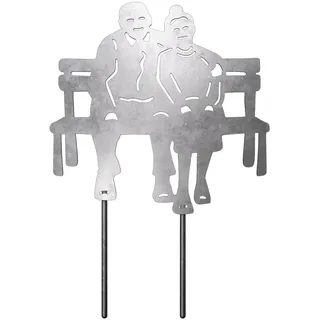 VERDOBA Altes Pärchen Gartendeko - Silberne Oma und Opa Figuren Garten Deko - Metall Gartenstecker - Oma und Opa auf Bank aus stabilem Eisen - Gartendeko in Antikfinish - Deko für den Garten