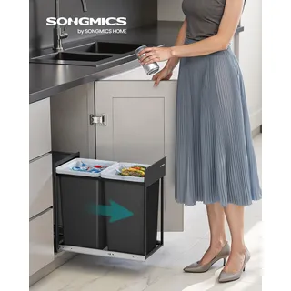 Mülleimer küche, Mülltrennsystem für Unterschrank, 2 x 15 L, Abfalleimer 2 Fächer, ausziehbar, Stahlrahmen