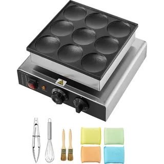 SucceBuy Dutch Pancake Maker, 9-teiliges Dorayaki-Backgerät mit 76 mm Durchmesser, 850 W kommerzieller elektrischer Poffertjes-Grill, antihaftbeschichteter Edelstahl, Temperatur- und Zeitkontrolle - Silber