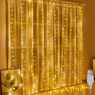 A.bigwhale Lichtervorhang 2x2m, lichterketten Vorhang Innen, 200 LED lichterkette hängend USB Lichtervorhang Warmweiß für Ramadan Hochzeit Party Weihnachten Wand Schlafzimmer Deko