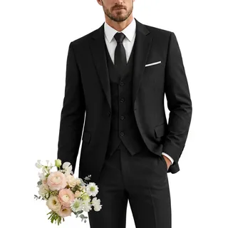 YND Herren Slim Fit 3-teiliger Anzug, EIN-Knopf-Jacke, Weste, Hosen-Set mit Krawatte, Schwarz, L